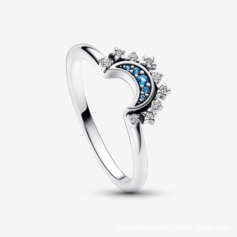 Sterling silver S925 shining sun ring shining blue moon ring combination two-in-one ring for women