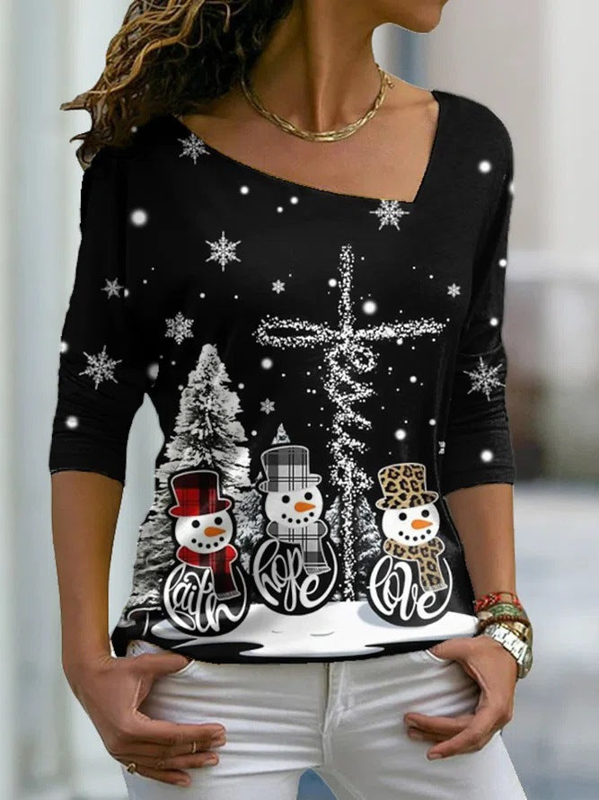 Christmas women's clothing 2022 new Christmas elements printed long-sleeved slanted collar pullover ladies T-shirt