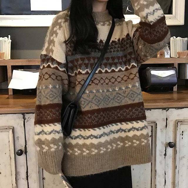 Vintage Sweaters Women Pullover Winter Striped Jumpers Korea