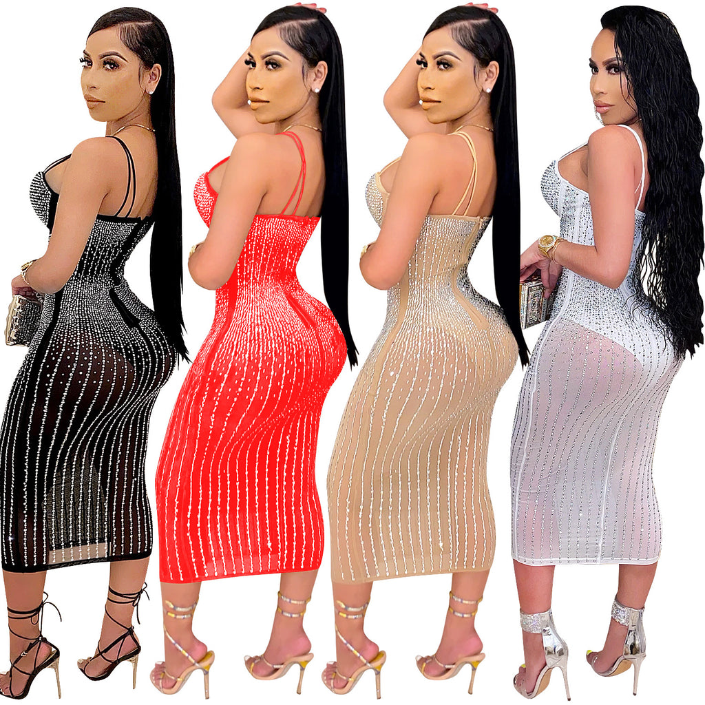 X3805 Cross-border new product European and American fashion women's clothing Party nightclub mesh see-through ironing diamond inlaid diamond strap dress