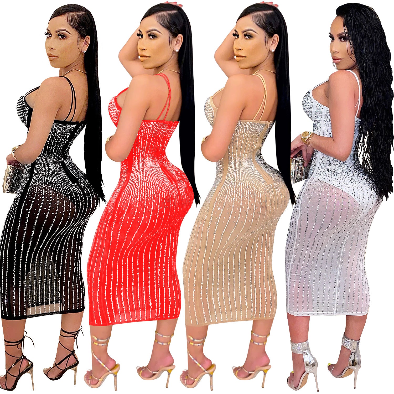 X3805 Cross-border new product European and American fashion women's clothing Party nightclub mesh see-through ironing diamond inlaid diamond strap dress