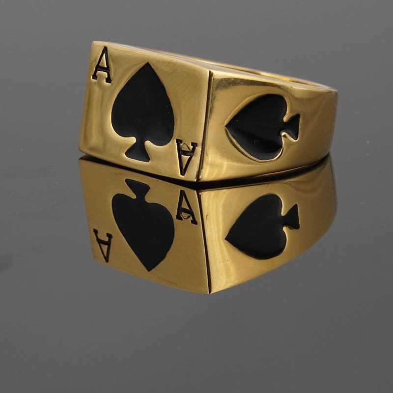 Hip-hop ins tide men European and American style hearts A spades A titanium steel ring ring men's lucky poker ring bracelet