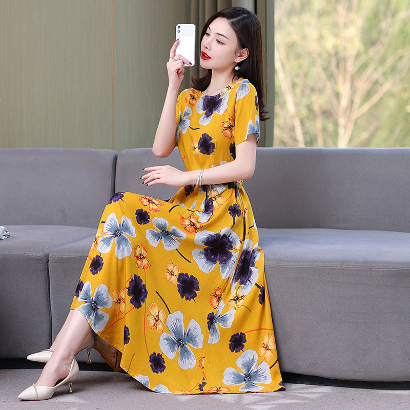 Artificial cotton silk dress women's clothing 2023 summer new middle-aged mother mid-length over-the-knee plus-size loose skirt