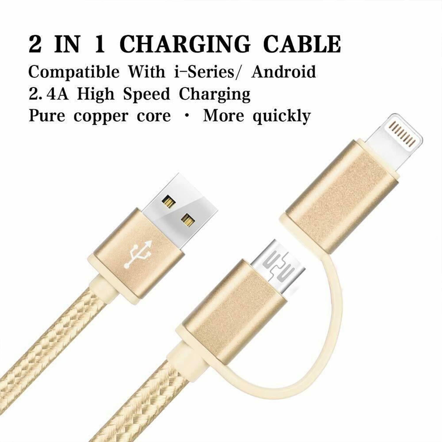 FX Powabud Nylon Braided USB Cable with 2 in 1 Dual Lightning Connector Cord[Gold]