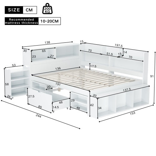 Children's Bed, Double Bed-4ft6  135x190cm  Multifunctional Children's Bed With Drawers, Bookcase And Storage Cupboard, Large Storage Space, Slatted Frame, Without Mattress, White