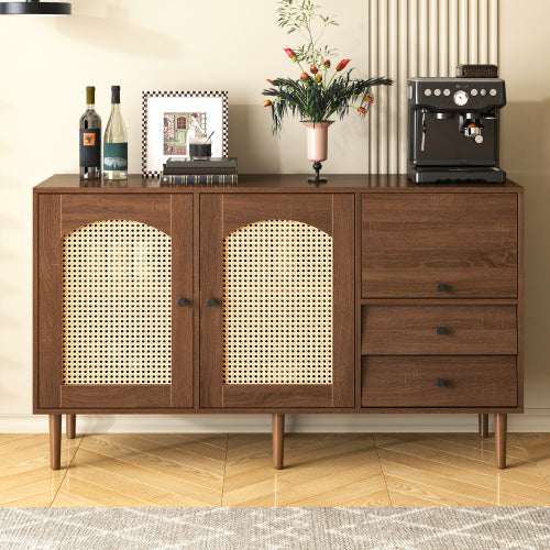 Country-Style Sideboard With Rattan Doors  130 X 75.5 X 40 Cm  Magnetic Closure, Adjustable Shelves, Sturdy Structure  Elegant And Versatile Design