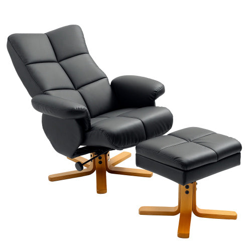 HOMCOM Recliner Armchair, Swivel Reclining Chair With Ottoman, Swivel Faux Leather Chair With Wooden Base And Storage Footstool For Living Room, Black