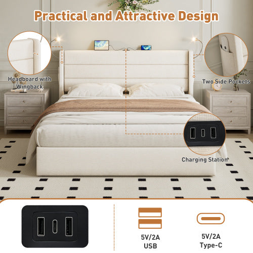 King Upholstered Bed With Charging Station, Linen Hydraulic Storage Bed With Adjustable LED Reading Light, 5ft Double Bed Frame With USB And Type  C Ports, No Box Spring Needed, Beige