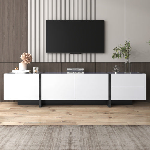 TV Cabinet, Low Panel With Colorblocked Legs In High-gloss White And Black, With Doors And Drawers, Doors With Shelves. Simple Line Design.