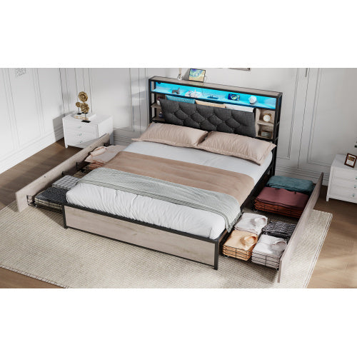 4ft6 Double Bed With 4 Storage Drawers, Bed Frame With Concealed Headboard Storage, Button Tufted Headboard With LED Lighting And Charging Station, Vintage Rustic Wooden, Linen, Grey