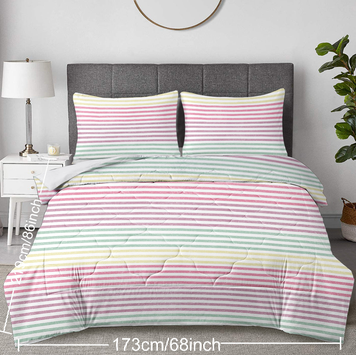 Striped Comforter Set Full Size, Rainbow Comforter Bedding Set Pink Yellow Green Purple 3 Piece, 1 Comforter And 2 Pillow Shams