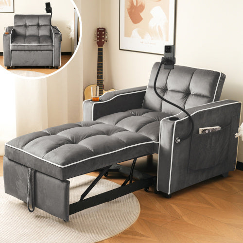 3-in-1 Expandable Single Sofa Bed  With Drink Holders And Phone Holder, Sofa Recliner, Sleeper Chair, Armchair, Perfect For Small Spaces, 83x167x76 Cm