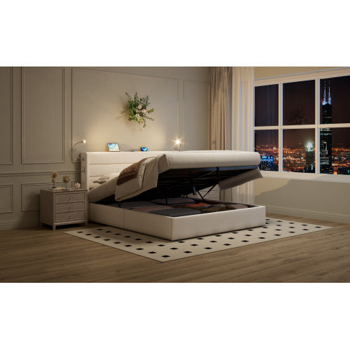 King Upholstered Bed With Charging Station, Linen Hydraulic Storage Bed With Adjustable LED Reading Light, 5ft Double Bed Frame With USB And Type  C Ports, No Box Spring Needed, Beige