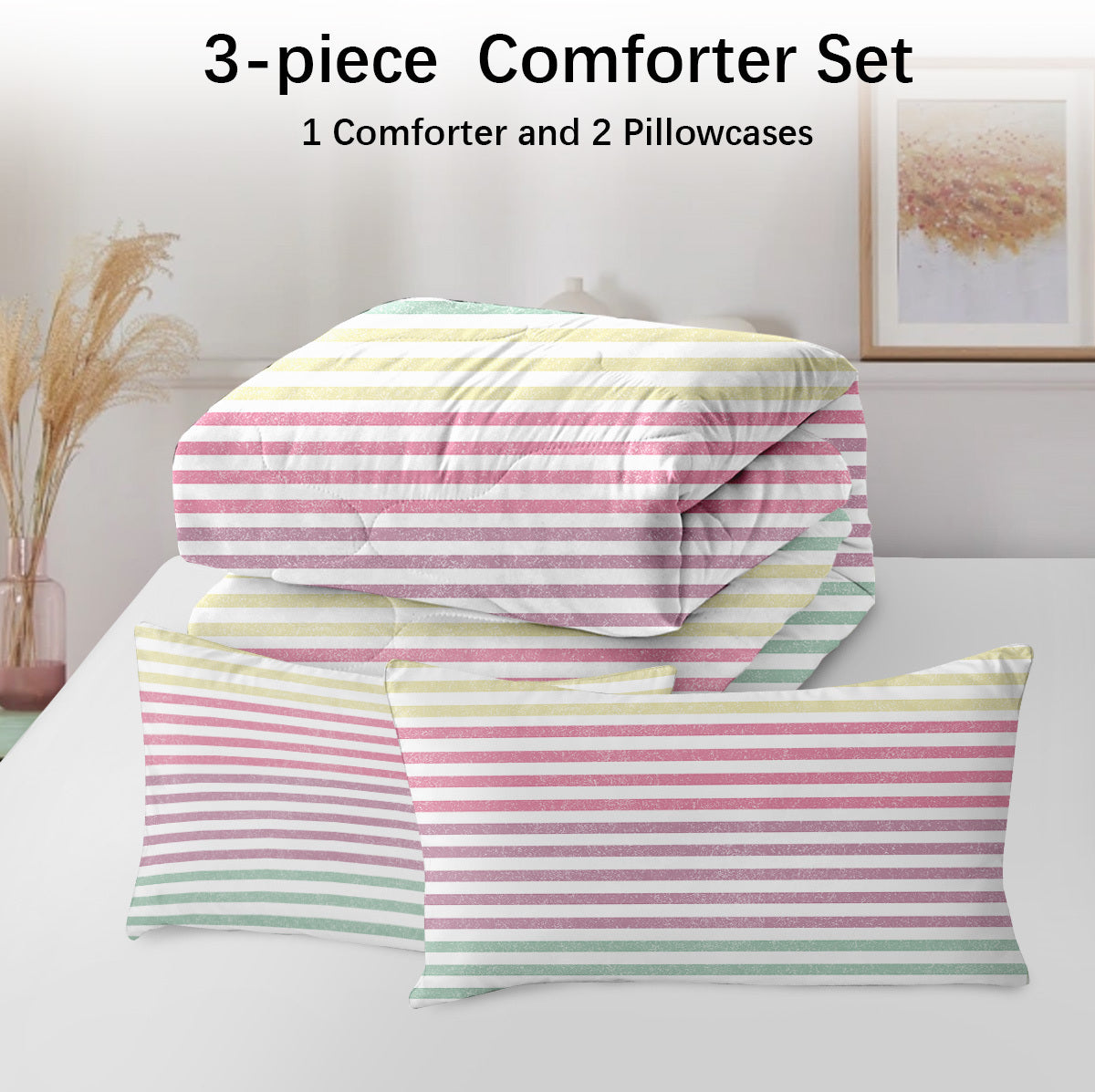 Striped Comforter Set Full Size, Rainbow Comforter Bedding Set Pink Yellow Green Purple 3 Piece, 1 Comforter And 2 Pillow Shams