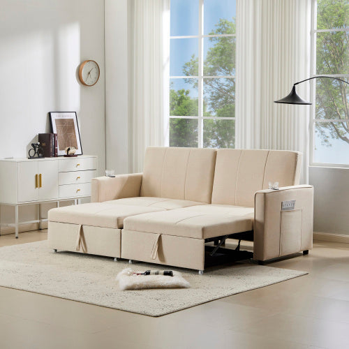 207cm King Size Independent Pull Out Sofa Bed, Convertible Fabric Sofa Chair With Cup Holders, Side Pockets, Fabric Loveseat Couch Chaise Lounge For Living Room, Apartment