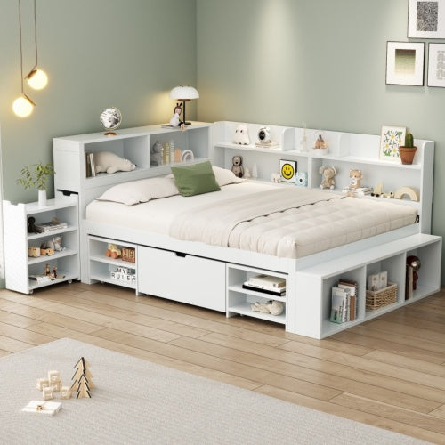 Children's Bed, Double Bed-4ft6  135x190cm  Multifunctional Children's Bed With Drawers, Bookcase And Storage Cupboard, Large Storage Space, Slatted Frame, Without Mattress, White