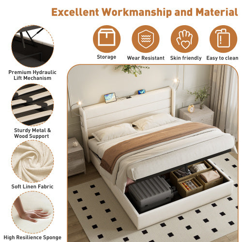 King Upholstered Bed With Charging Station, Linen Hydraulic Storage Bed With Adjustable LED Reading Light, 5ft Double Bed Frame With USB And Type  C Ports, No Box Spring Needed, Beige