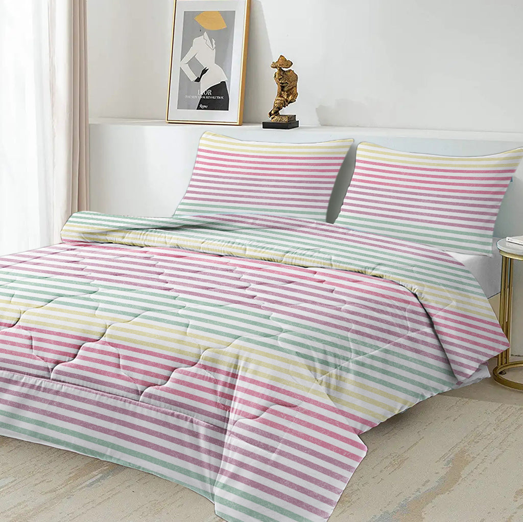 Striped Comforter Set Full Size, Rainbow Comforter Bedding Set Pink Yellow Green Purple 3 Piece, 1 Comforter And 2 Pillow Shams