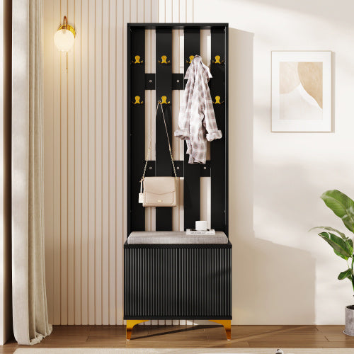 Wardrobe Set With Shoe Bench And Cushion, Wardrobe Front With Hooks, Shoe Cabinet With Drawers And Doors
