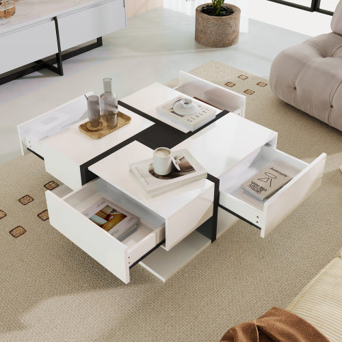Coffee Table, Table With 4 Drawers, Unique Color Matching And Line Design, Storage Space At The Bottom. 78x78x36cm