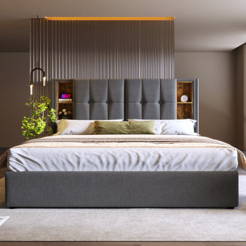Upholstered Double Bed 135 X 190cm With Wireless Charging  USB Tyep-C, Hydraulic Storage Bed With Hydraulic Lever, Linen Fabric 4FT6 Double Bed Frame With Large Storage Space, Grey No Mattress