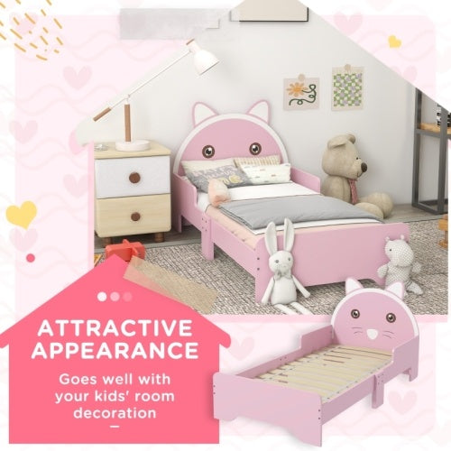 ZONEKIZ Bed For Kids Cat Design Toddler Bed Frame Bedroom Furniture With Guardrails, For 3-6 Years, 143L X 74W X 72Hcm - Pink
