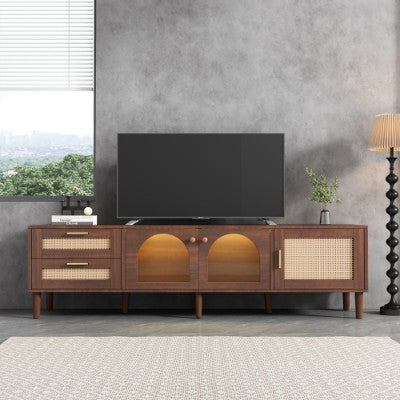 180 Cm Brown TV Cabinet For 80-inch TV - With 2 Rattan Drawers, 2 Curved Glass Doors And 1 Rattan Door, LED Lighting, Offers Stylish Storage, TV Board