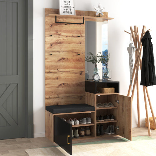 Wardrobe Set, With 4 Coat Hooks, Mirror, Shoe Cabinet, Wall-mounted Coat Rack, Upper Storage Shelf, Hallway Wardrobe With Bench Seat.