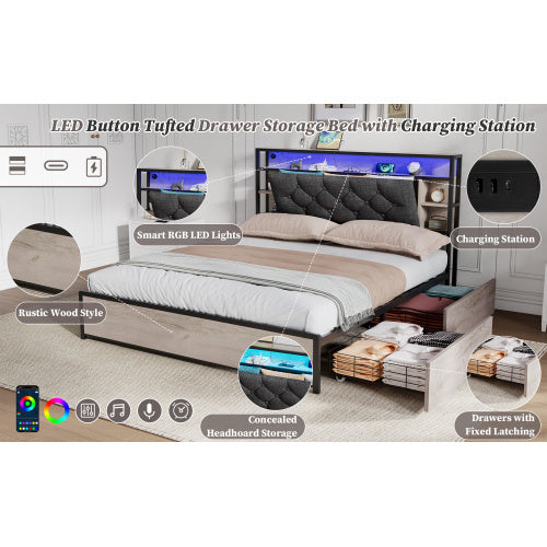 4ft6 Double Bed With 4 Storage Drawers, Bed Frame With Concealed Headboard Storage, Button Tufted Headboard With LED Lighting And Charging Station, Vintage Rustic Wooden, Linen, Grey