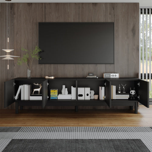 TV Cabinet With Curved, Wave-Shaped Doors, Shelves, And TV Stand With Stabilizing Legs