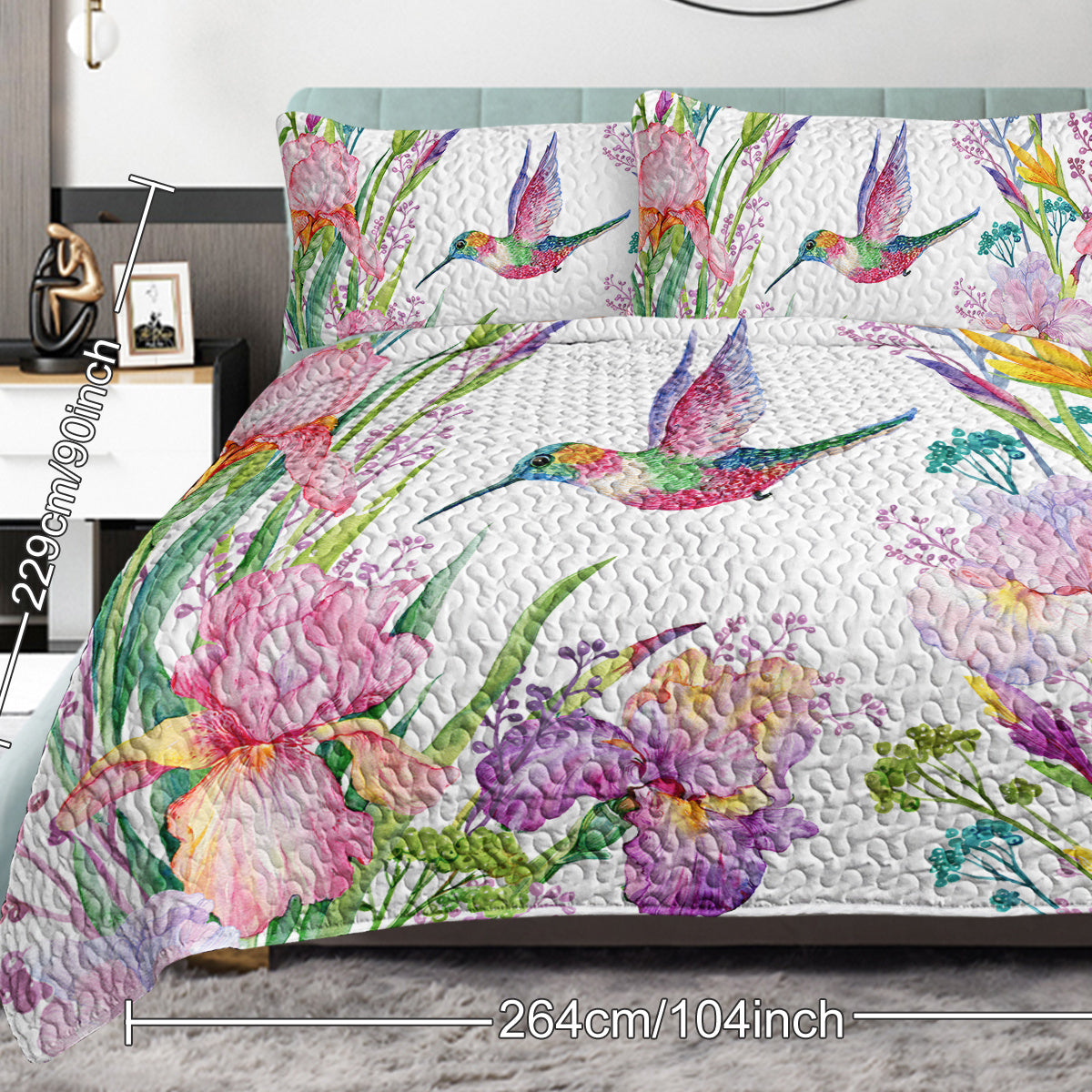 Colorful Bird Flower Design Quilt Set 3 Pieces Queen King Size Soft Warm Bedding Set Include 1 Quilt And 2 Pillowcases For Home Bedroom Decor