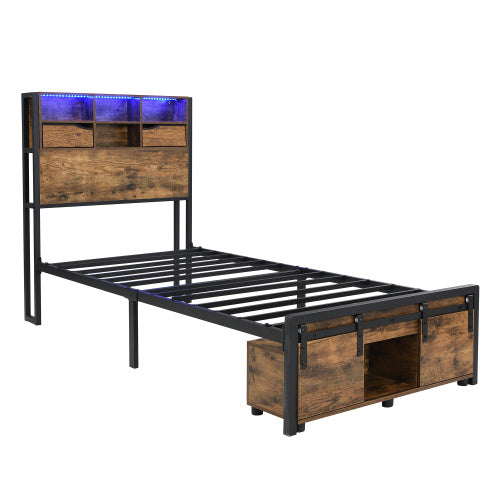 Metal Bed, Iron Bed, 3ft Single Bed 90x190cm, With Multi Color LED Strip Lights And Charging Port 2 A Type And 1 C Type, With Storage Space, Black  Wood Color