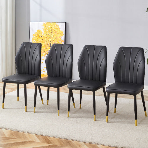4 Modern Dining Chairs With Stylish PU Patterned Backrest And Black Metal Legs For A Comfortable Home Experience In The Kitchen, Bedroom And Office.