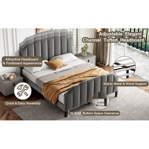 4ft6 Double Upholstered Bed Frame With Adjustable Chic Channel-Tufted Headboard, Velvet Platform Bed Frame With Solid Wood Slat And Mute Foam, No Box Spring Needed, Easy Assembly, Grey No Mattress