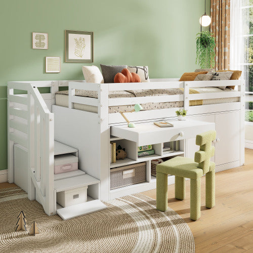 Multifunctional Wooden Children's Bed With Stairs And Storage Space, Stairs  Cabinets Interchangeable On The Left And Right, Drawers Reversible And Usable As A Desk, Without Mattress, 90x190, White