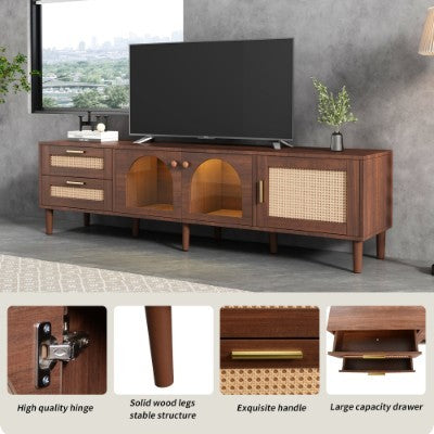 180 Cm Brown TV Cabinet For 80-inch TV - With 2 Rattan Drawers, 2 Curved Glass Doors And 1 Rattan Door, LED Lighting, Offers Stylish Storage, TV Board