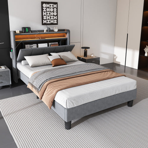 Upholstered Bed, 3FT Single Bed 90x190cm, Lower Flap Door Storage, With LED Light Strip, 3 USB Port 1 Type C, Durable And Sturdy, Youth Bed, For Adults  Teenagers, Velvet, Grey