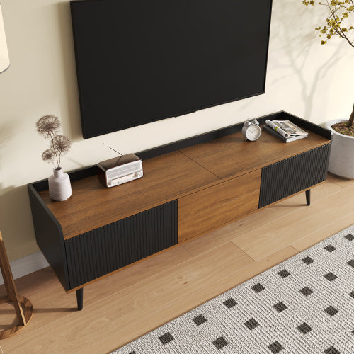 TV Cabinet, TV Table, TV Stand, Three-Door Base Cabinet. Compact Design. Black And Natural Wood Finish. Height 49.5 Cm  Length 160 Cm  Width 39 Cm