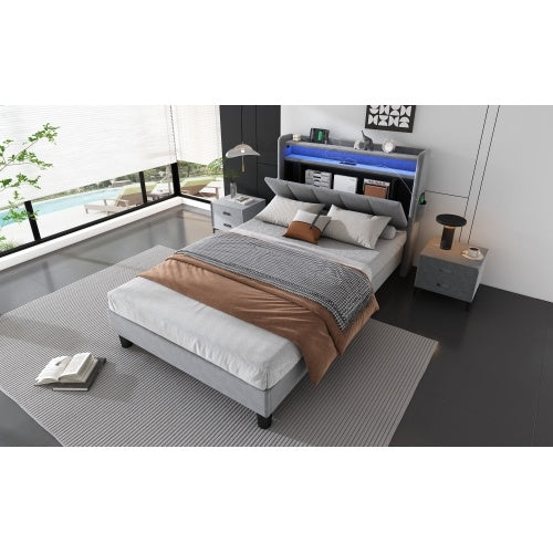 Upholstered Bed, 3FT Single Bed 90x190cm, Lower Flap Door Storage, With LED Light Strip, 3 USB Port 1 Type C, Durable And Sturdy, Youth Bed, For Adults  Teenagers, Velvet, Grey