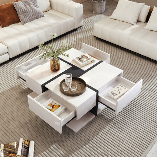Coffee Table, Table With 4 Drawers, Unique Color Matching And Line Design, Storage Space At The Bottom. 78x78x36cm