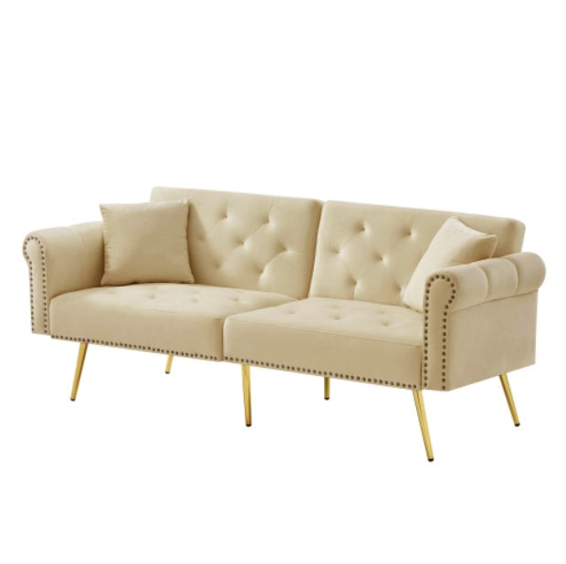 Modern 2-Seater Sofa Bed    Velvet Upholstery, 3  Stage Adjustable Backrest  Gold  Plated Metal Feet Stylish Sofa With Sleeping Function  Space-Saving Durable Ideal For Small Spaces