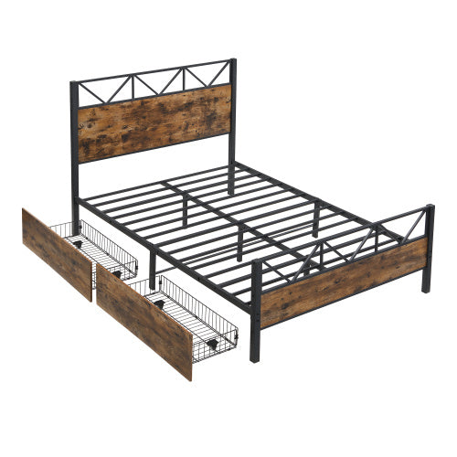 Metal Bed, 4ft6 Double Bed 135x190cm, With 2 Drawerss, Durable And Sturdy, Youth Bed, Storage Bed For Adults  Teenagers, Multifunctional Bed, Iron Bed, Black Wood Color