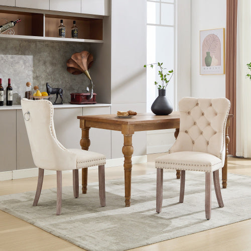 Modern Set Of 2 Upholstered Velvet Dining Chairs, Button Tufted Kitchen Lounge Chairs With Brushed Wood Legs, Riveted Trim And Knocker Ring, For Dining Room Living Room