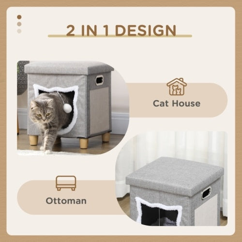 PawHut Cat House Cave, Cat Bed Cube With Scratching Pad, Soft Detachable & Washable Cushion, Toy Ball, For Indoor Kittens, Grey