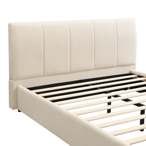Upholstered Bed, For Adults And Teenagers, 4ft6 Double Bed 135x190cm, Durable And Sturdy, Soft Headboard, MDF  Velvet  Plywood, White