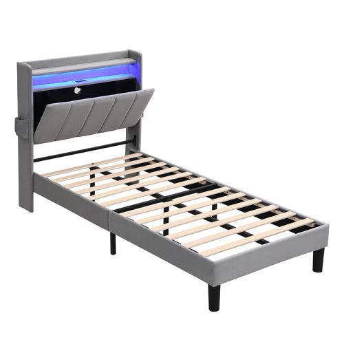 Upholstered Bed, 3FT Single Bed 90x190cm, Lower Flap Door Storage, With LED Light Strip, 3 USB Port 1 Type C, Durable And Sturdy, Youth Bed, For Adults  Teenagers, Velvet, Grey