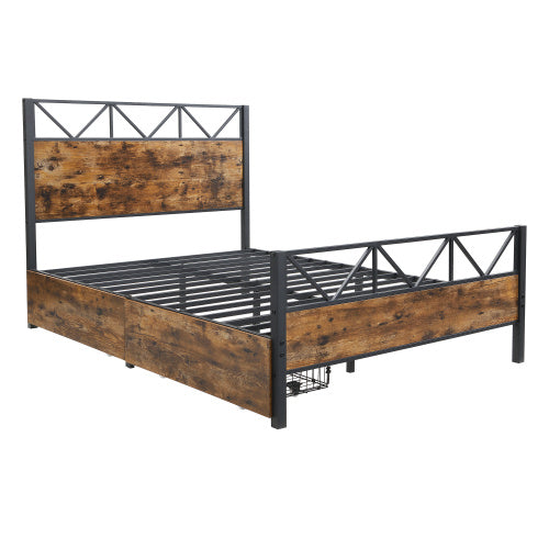 Metal Bed, 4ft6 Double Bed 135x190cm, With 2 Drawerss, Durable And Sturdy, Youth Bed, Storage Bed For Adults  Teenagers, Multifunctional Bed, Iron Bed, Black Wood Color