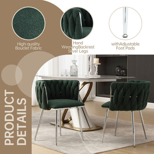 GOMYWAY Modern Hand Weaving Dining Chairs Set Of 2, Boucle Upholstered Side Chairs With Silver Legs, Kitchen Chairs With Armrest, Accent Chairs, Vanity Chairs For Dining Room Emerald, Set Of 2