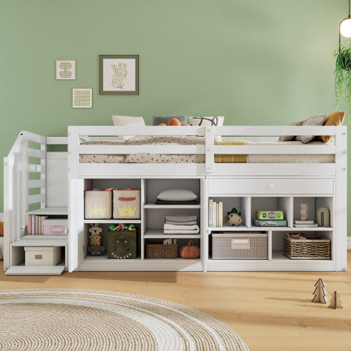 Multifunctional Wooden Children's Bed With Stairs And Storage Space, Stairs  Cabinets Interchangeable On The Left And Right, Drawers Reversible And Usable As A Desk, Without Mattress, 90x190, White