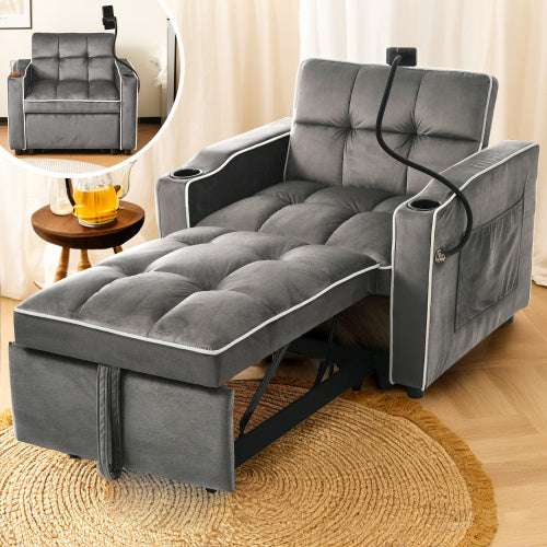 3-in-1 Expandable Single Sofa Bed  With Drink Holders And Phone Holder, Sofa Recliner, Sleeper Chair, Armchair, Perfect For Small Spaces, 83x167x76 Cm